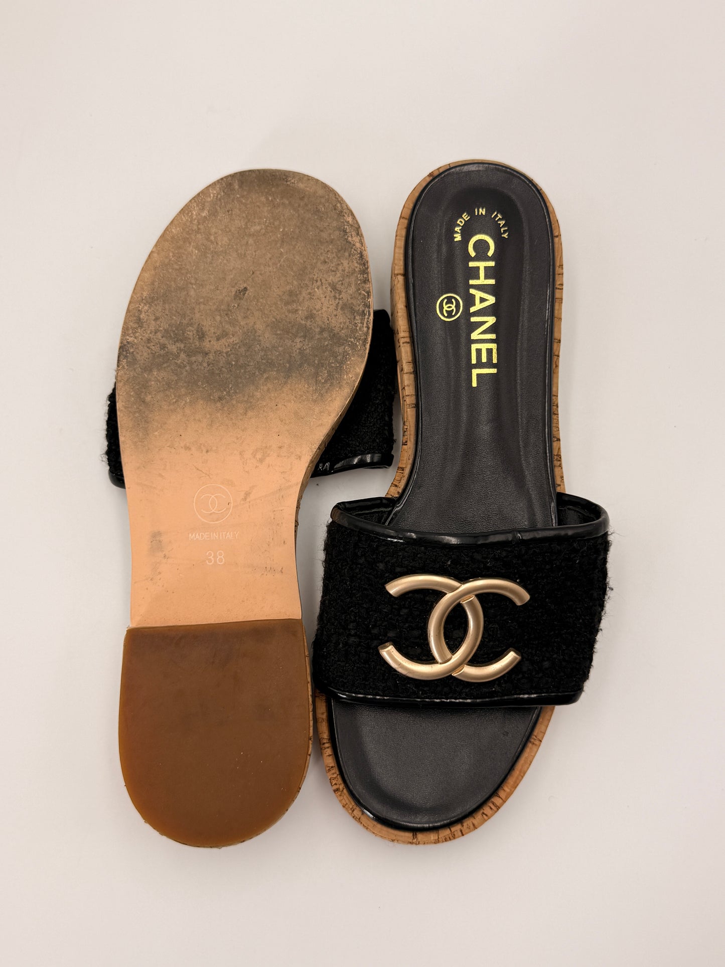 Chanel Tweed Cork CC Mule Sandal | SZ 38