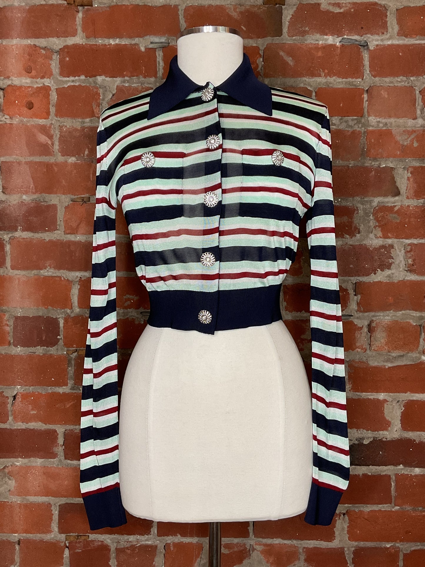 Self Portrait Navy Striped Viscose Top | SZ S