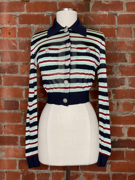Self Portrait Navy Striped Viscose Top | SZ S