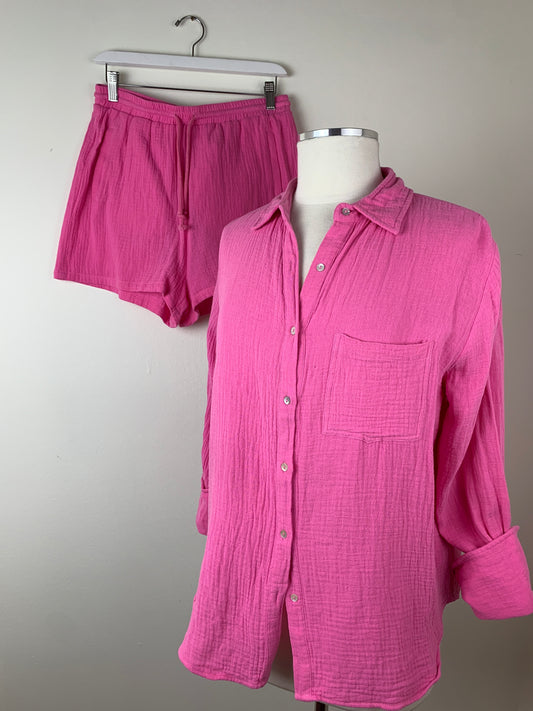 Line The Label Linen Hot Pink Button Front Shirt | SZ S