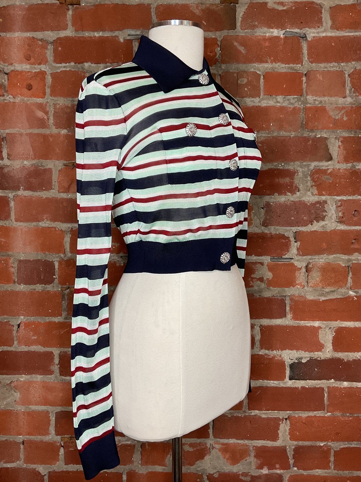 Self Portrait Navy Striped Viscose Top | SZ S