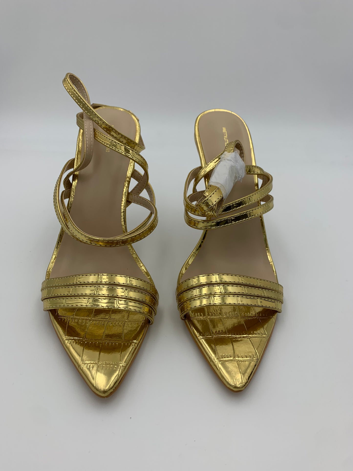 Pretty Little Things Gold Point Toe Pin Heels Double Strap Heels Sandals | SZ 9 | NIB