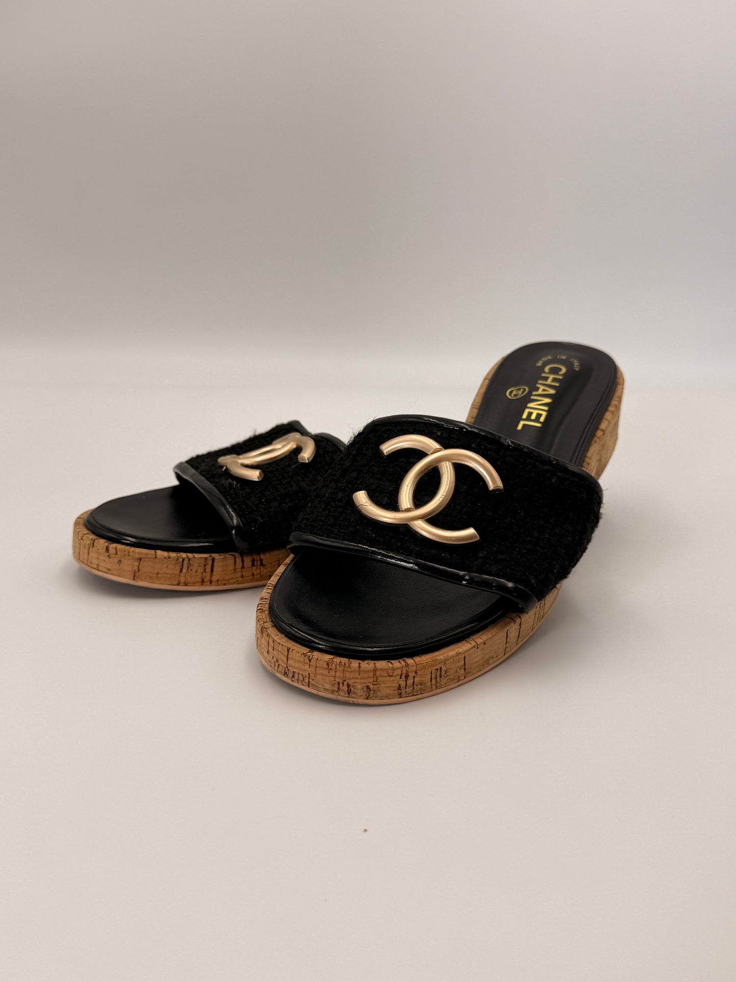 Chanel Tweed Cork CC Mule Sandal | SZ 38