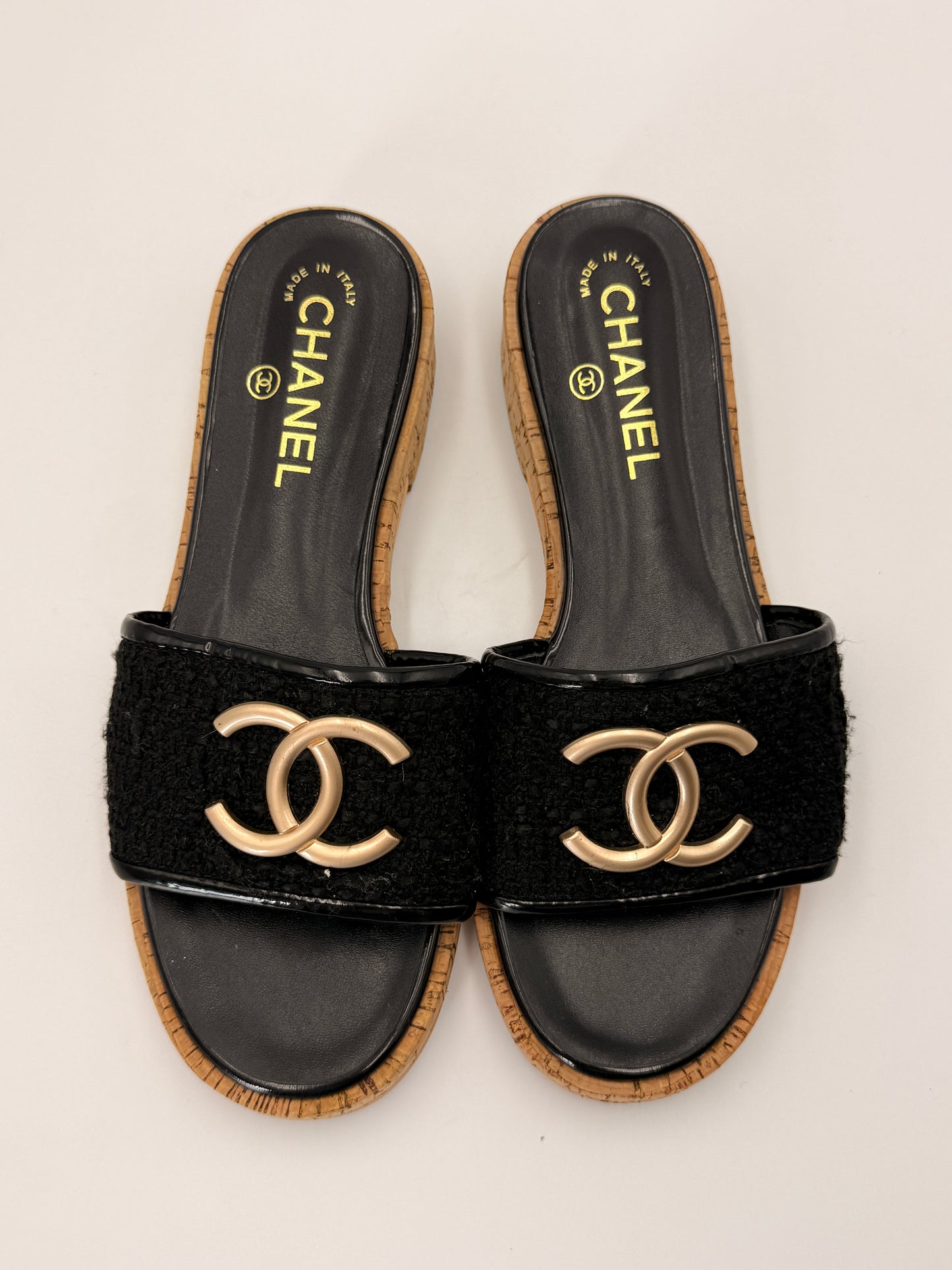 Chanel Tweed Cork CC Mule Sandal | SZ 38