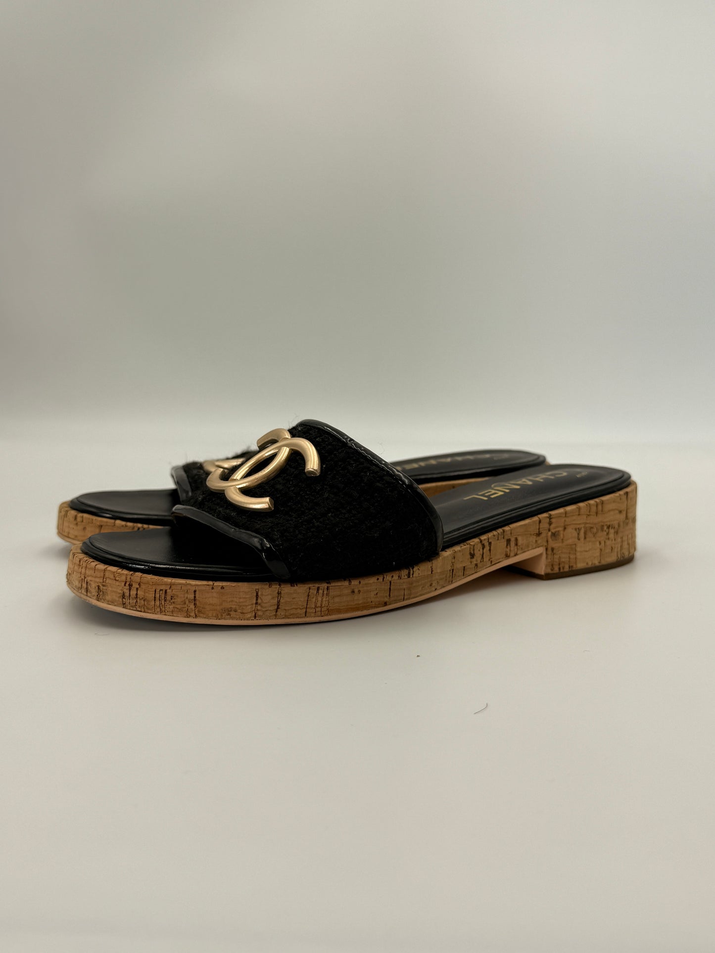 Chanel Tweed Cork CC Mule Sandal | SZ 38