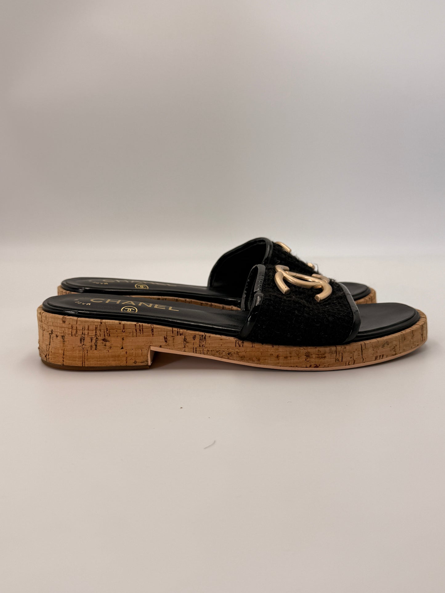 Chanel Tweed Cork CC Mule Sandal | SZ 38