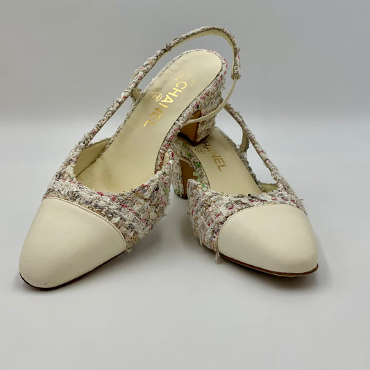 Chanel Tweed Leather CC Slingback Pumps | SZ 38
