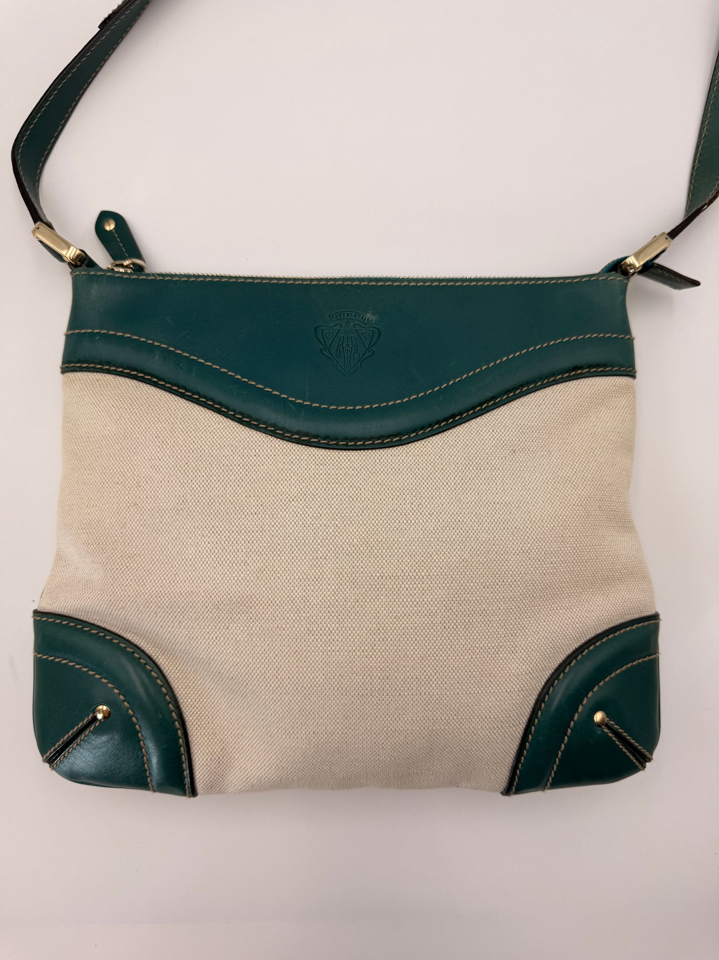 Gucci Vintage Canvas Leather Trim Crossbody Bag