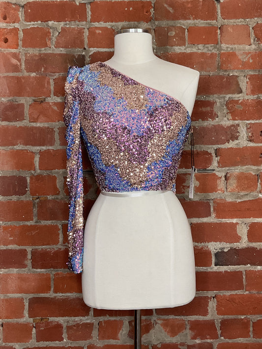 NWT Saylor Tess One Shoulder Long Sleeve Zigzag Sequin Top | SZ S