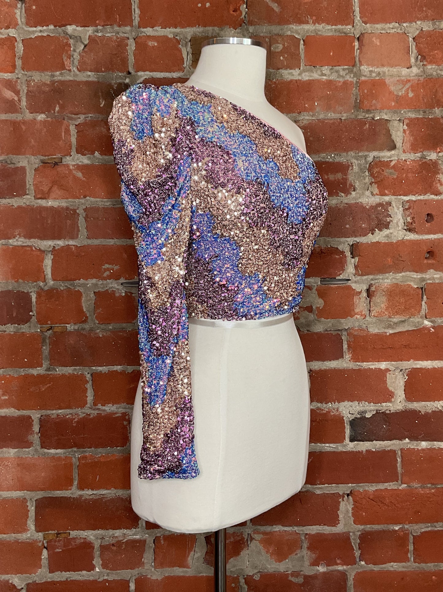 NWT Saylor Tess One Shoulder Long Sleeve Zigzag Sequin Top | SZ S