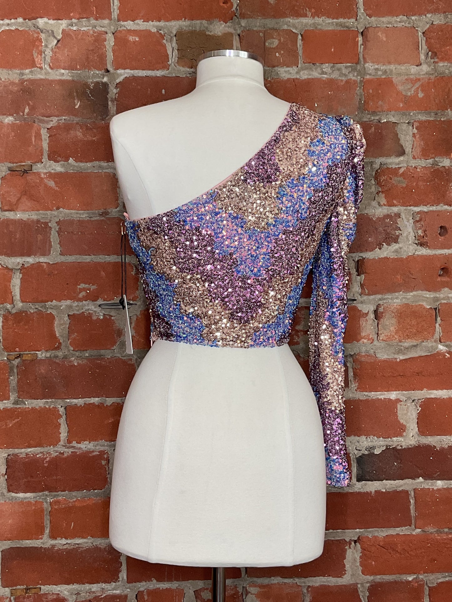 NWT Saylor Tess One Shoulder Long Sleeve Zigzag Sequin Top | SZ S